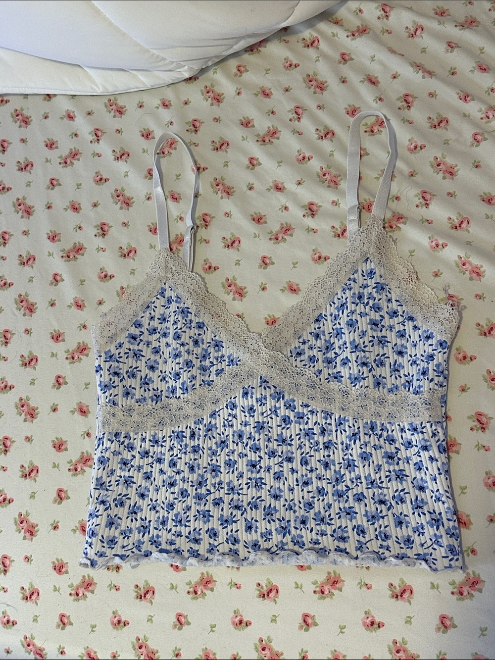 H&M Blue Floral Lace-Trim Cami